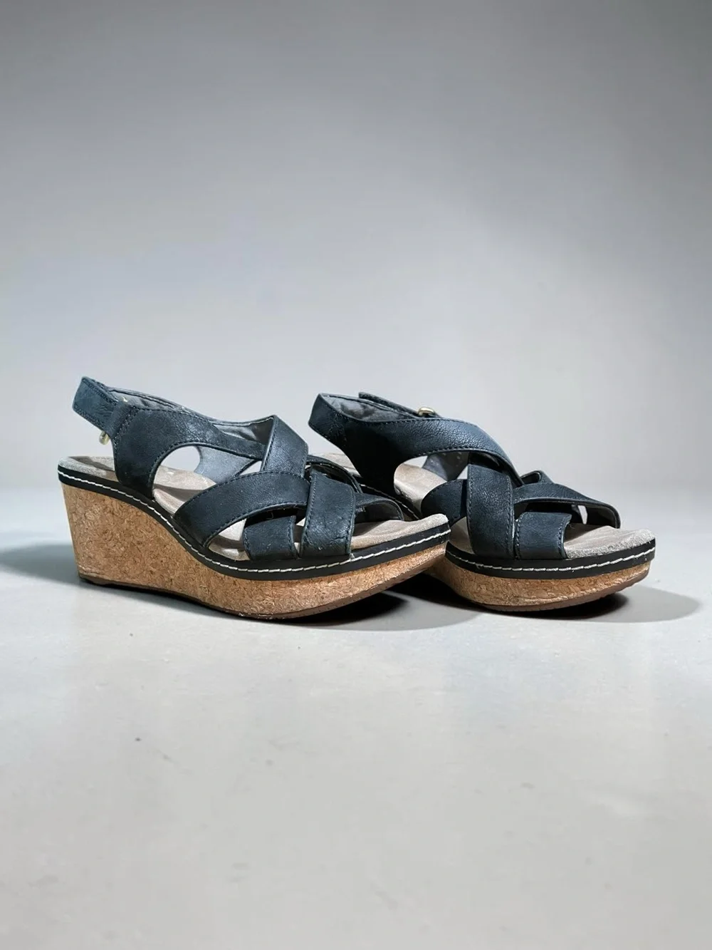 Clarks Collection Black Leather Cork Wedge Slingback Sandals Women’s 8.5